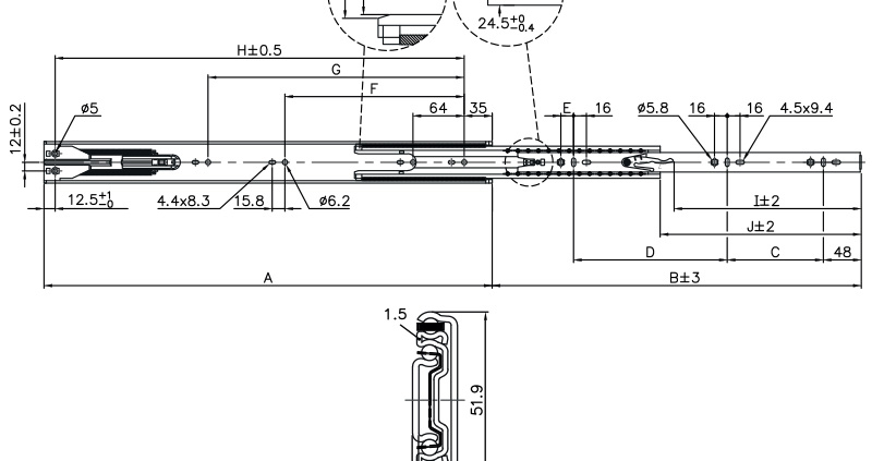Technische Zeichnung der Teleskopschiene HS 5213 SC
